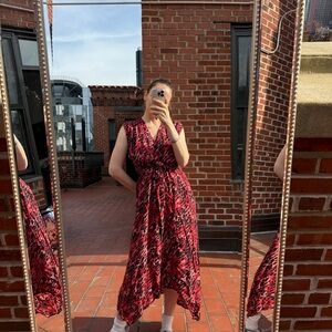 AllSaints Red and Black Animal-Print V-Neck Tie-Waist Midi Dress